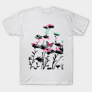 Abstract Black and White Simple Pattern flowers T-Shirt